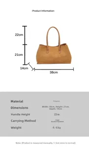 Size chart showing brown shoulder bag dimensions 38x21x14cm and material specs