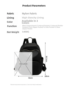 Detailed size specifications for the large capacity black nylon backpack with compartments