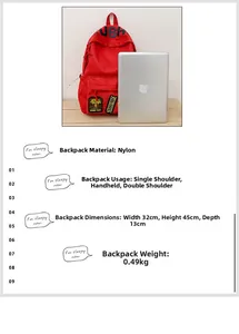 Detailed view of red nylon backpack with USH lettering and dimensions 32x45x13cm