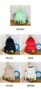 Detailed display of high-capacity canvas backpacks in green, black, red, khaki, and white