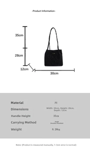 Detailed size chart for black PU leather tote bag with braided handles and dimensions