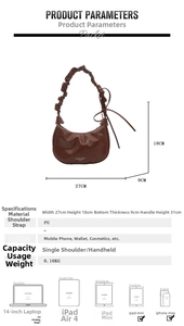 Brown half-moon underarm bag with ruffled strap and detailed size measurement guide