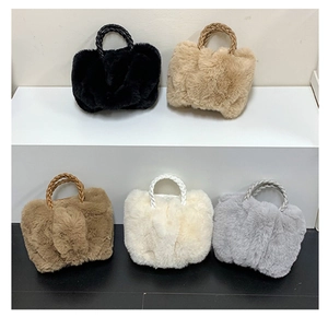 Detailed display of fuzzy faux fur crossbody cloud bags in five assorted colors