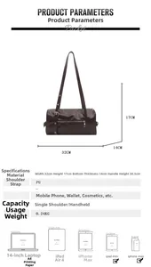 Detailed size specifications for the large capacity dark brown PU leather shoulder bag