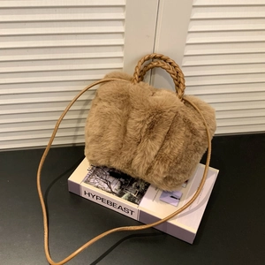 Women Plush Handbag Faux Fur Cloud Bag With Braided Handle Crossbody Shoulder Bag Winter Versatile Elegant