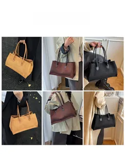 Collage of suede tote bags in yellow, brown and black colors worn as shoulder bags