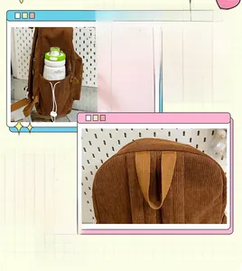 Detail view of brown corduroy backpack side pocket with water bottle and top handle grip