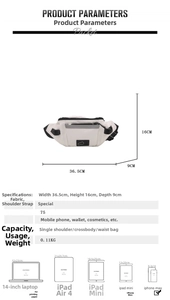 Detailed technical diagram showing dimensions and capacity of the white nylon sports waist bag