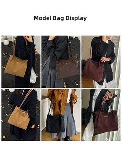 Close-up of suede tote bags in various colors featuring thick braided handles and gold logo