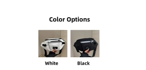 Detail view of water-resistant nylon waist bags in classic white and black colors