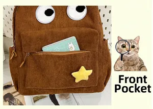 Detailed front pocket of brown corduroy backpack with cute embroidered eyes and star