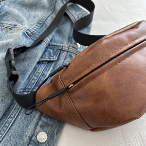 Retro brown PU leather chest bag with large capacity and adjustable crossbody strap