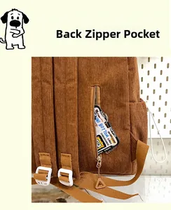 Detail of the corduroy backpack featuring a secure hidden back zipper pocket with brown texture