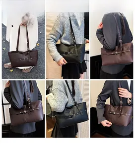 Detail shots of minimalist underarm tote bag showing buckle decor and styling on model