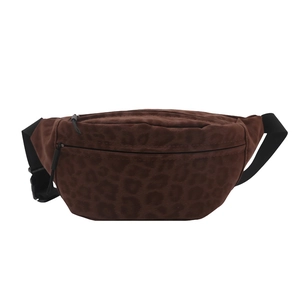 Brown leopard print fanny pack with adjustable strap and metal zippers for women