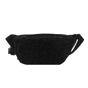 Minimalist black leopard print chest bag with adjustable strap and front zipper pocket