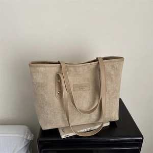 Corduroy Tote Bag Large Capacity Striped PU Leather Shoulder Strap Zipper Closure Retro Commuter Handbag For Women