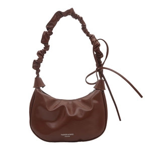 Brown ruched crescent shoulder bag with side leather bow and fashion logo detailing