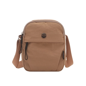 Khaki nylon crossbody bag with adjustable wide shoulder strap and front zipper pocket