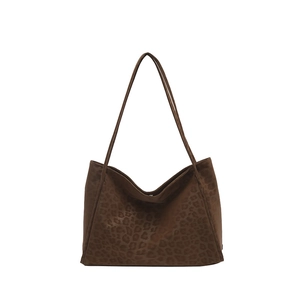 Brown leopard print suede tote bag with slim shoulder straps and large capacity