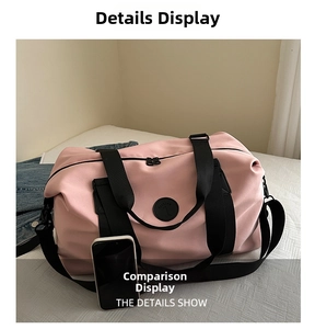 Pink waterproof travel bag showing large capacity scale compared to a smartphone