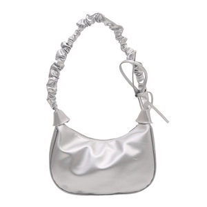Metallic silver hobo bag with a scrunchie handle and a minimalist crescent moon design