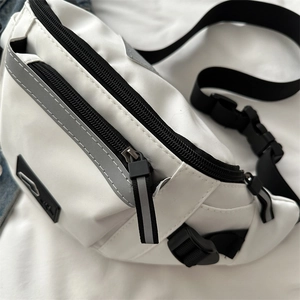 White nylon sports chest bag with reflective strip and adjustable strap for urban utility