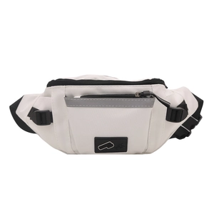 White minimalist crossbody chest bag with black straps and reflective safety strip