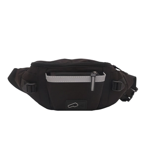 Minimalist black nylon crossbody bag with reflective silver stripe and adjustable strap