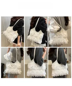 Detailed model views of a white lace ruffled tote bag for summer beach vacations