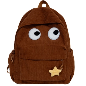 Brown corduroy backpack with cute cartoon eyes design and star plush pendant