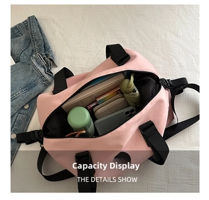 Interior view showing the large capacity of the pink oxford pillow bag with daily items