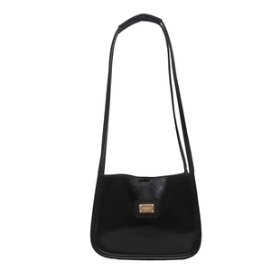 Classic black glossy shoulder bag for women with golden metal logo and dual straps