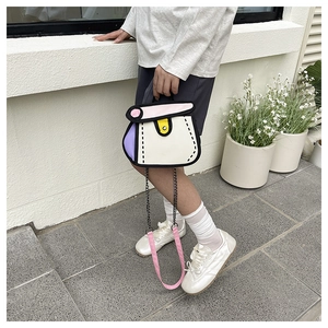 Close-up of a 2D cartoon style crossbody bag with purple accents and wide pink strap