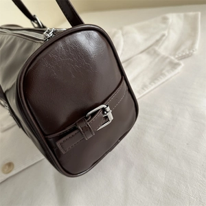 Vintage dark coffee oil wax leather Boston bag with silver hardware and large capacity