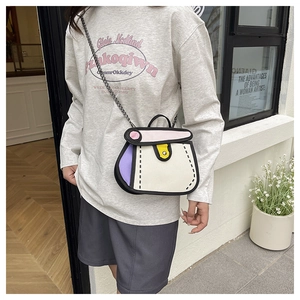 Detail of 2D cartoon style messenger bag showing canvas texture and black outlined edges