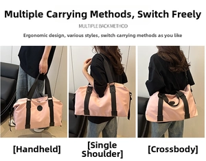 Pink waterproof Oxford travel bag showing three carrying modes: handbag, shoulder, and crossbody