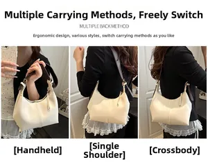 Detailed views of cream crescent bag showing shoulder, crossbody, and handheld styles