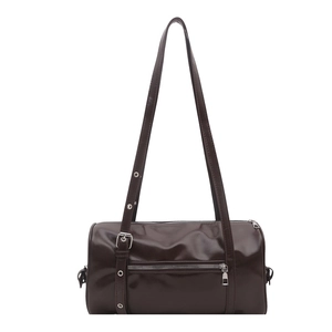 Dark brown faux leather cylindrical shoulder bag with glossy finish and dual straps