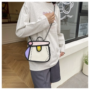 Detail of 2D cartoon style canvas bag with bold outlines and pink flap on chain strap