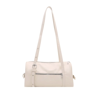 Cream white Boston barrel shoulder bag with adjustable silver buckle strap and front zip pocket