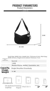 Detailed dimensions of the black nylon tote bag including strap length and pocket sizes