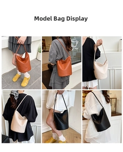 Model showing minimalist soft leather bucket bag in brown, beige, and black colors
