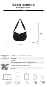Detailed size specifications for minimalist crescent tote with dimensions and capacity guide