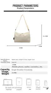 Detailed size specifications for a cream nylon crossbody bag with 24x14.5x12cm dimensions