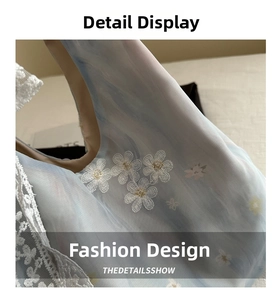Detail show of daisy embroidery and lace trim on light blue floral pattern fabric