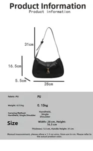 Detailed size specifications for a glossy black hobo shoulder bag with golden hardware