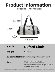 Size chart for black and white Oxford cloth gym bag showing dimensions and carrying strap