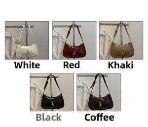 Detailed grid view showing five colors of retro glossy hobo bags hanging on white suits
