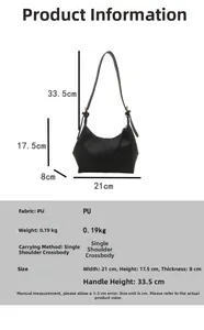 Detailed size chart for black PU hobo bag with dimensions 21x17.5x8cm and handle height 33.5cm
